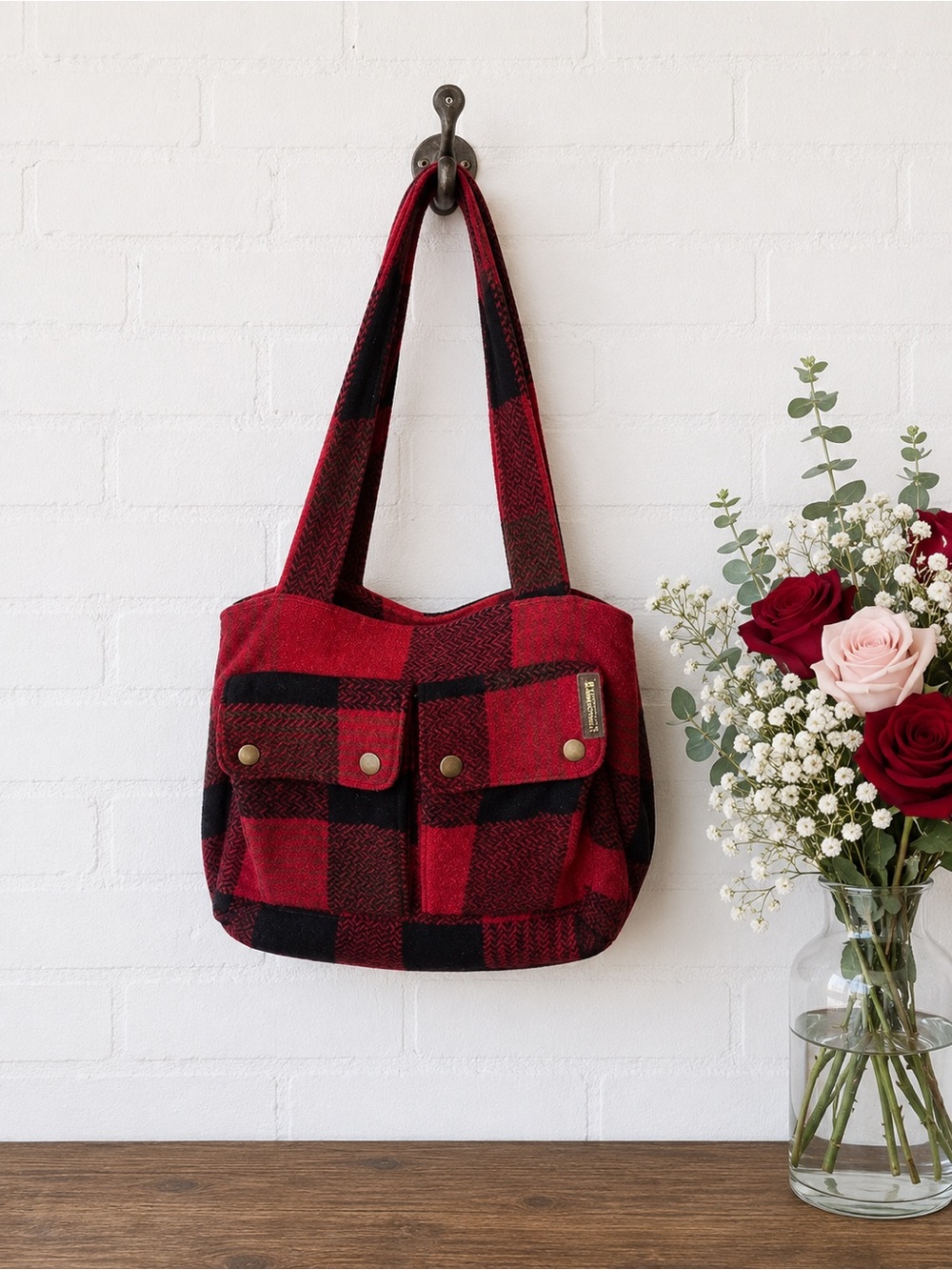 Brooklyn Industries Red & Black Plaid Shoulder Flannel Tote Bag